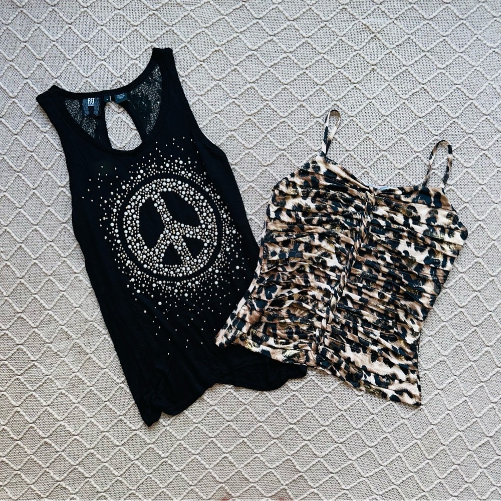 Black Peace Sign Tank Top and Leopard Print Cami Set Neutral Bundle Large L